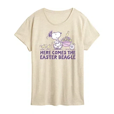 Air Waves Womens Crew Neck Short Sleeve Regular Fit Peanuts Snoopy Graphic T-shirt In Sand