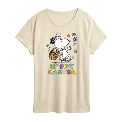 Air Waves Womens Crew Neck Short Sleeve Regular Fit Peanuts Snoopy Graphic T-shirt In Sand