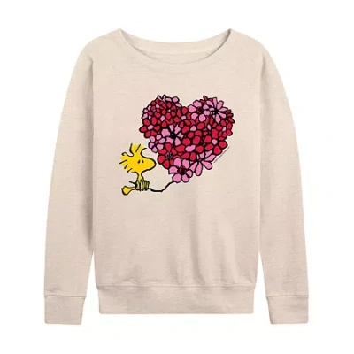 Air Waves Woodstock Floral Heart Womens Boat Neck Long Sleeve Classic Fit Peanuts Graphic T-shirt In Neutral