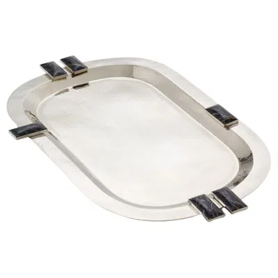 Pre-owned Airedelsur Glaciar Silver Alpaca & Black Onyx Stone Medium Bar Tray