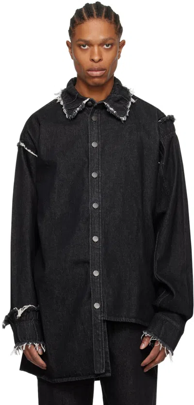 Airei Mens Washed Black Distressed-trim Oversized-fit Organic-denim Shirt In 1 Washed Black