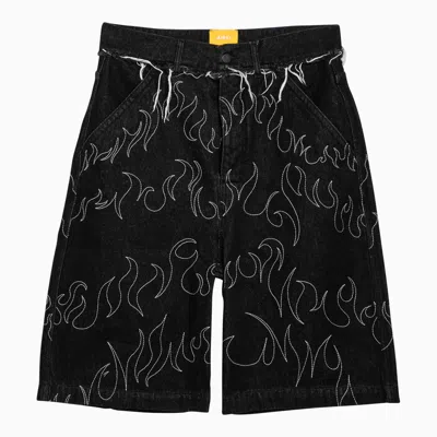 AIREI AIREI BLACK WASHED DENIM BERMUDA SHORTS WITH EMBROIDERY