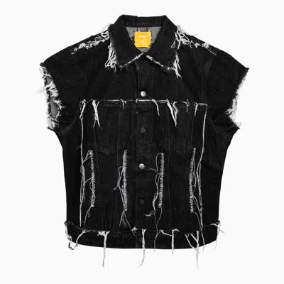 Airei Black Washed Denim Waistcoat With Wear And Tear