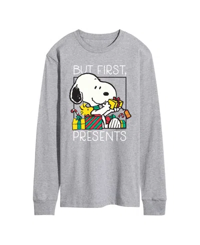 Airwaves Men's Peanuts Christmas Snoopy But First Presents Graphic Long-sleeve T-shirt In Gray