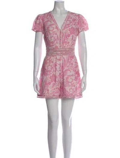 Pre-owned Aisa 1973 Floral Print V-neck Romper In Pink