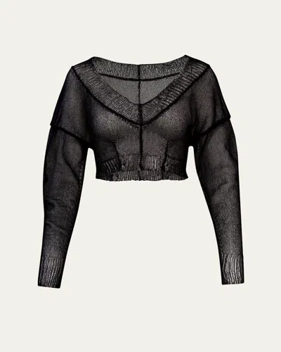 Aisling Camps Gossamer Sheer Knit Crop V-neck Sweater In Black