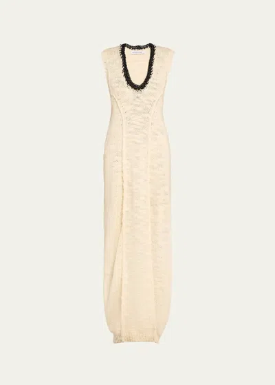 Aisling Camps Long Leather-trim Crochet Wool Cocoon Dress In Ivory W Black