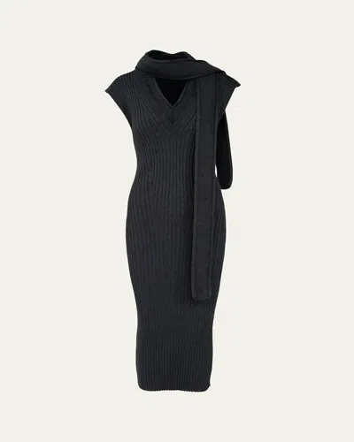 Aisling Camps Scarf-neck Sleeveless Rib Knit Midi Dress In Black