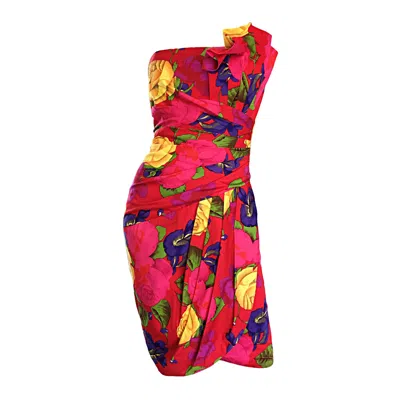 Pre-owned A.j. Bari Vintage Neiman Marcus Size 8 Hawaiian Flower Strapless Origami Wiggle Dress In Red
