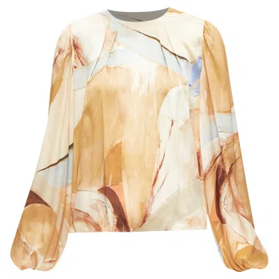 Aje 2018 100% Silk Beige Blue Abstract Brush Print Puff Sleeve Top Uk6 Xs In Multi