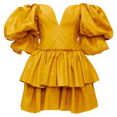 Aje 2019 Castellain Mustard Yellow Leather Puff Sleeve Tiered Mini Dress Uk6 Xs In Multi