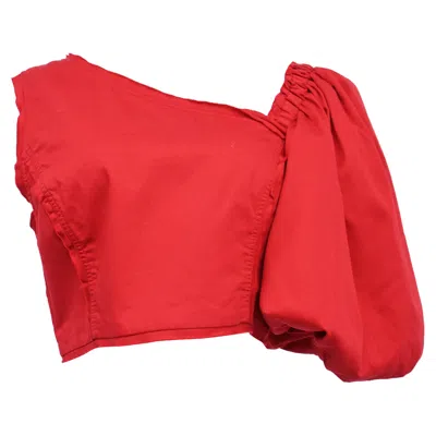 Aje Apres Asymmetric Puffed-sleeve Cropped Top In Red Cotton
