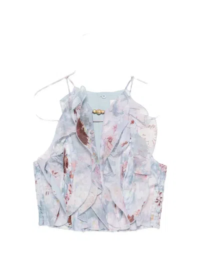 Aje Cleo Ruffled Floral-print Top In Blue