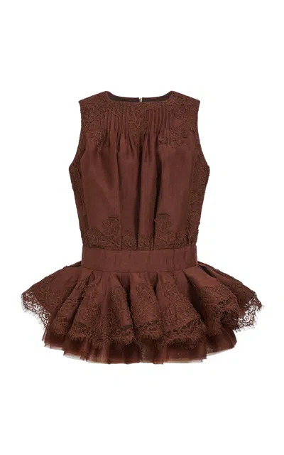 Aje Cressida Ruched Linen-blend Mini Dress In Brown