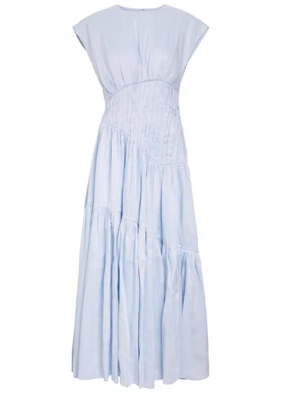 Aje Ecliptica Shirred Linen-blend Midi Dress In Blue