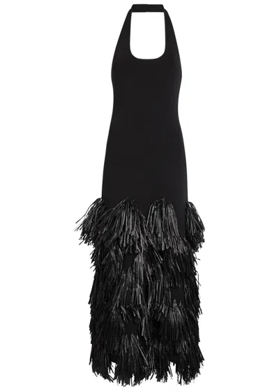Aje Elva Fringed-raffia Knit Maxi Dress In Black