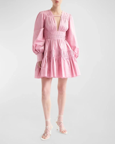 Aje Fallingwater Ruched Cotton Blouson-sleeve Mini Dress In Pink