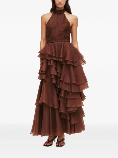Aje Fayette Tiered Ruffled Crepon Halterneck Gown In Brown