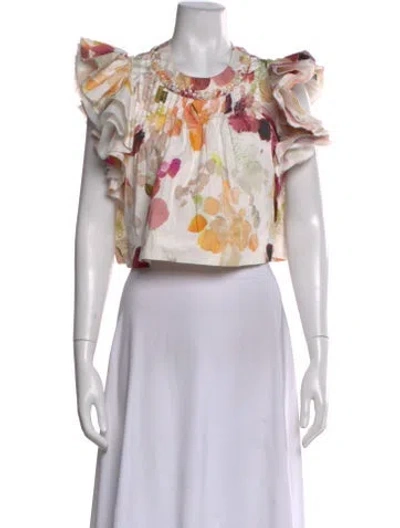 Pre-owned Aje Floral Print Crew Neck Crop Top In White