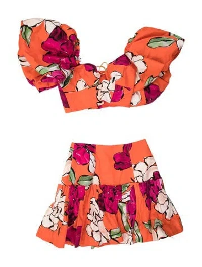 Pre-owned Aje Floral Print Ruffle Embellishment Skirt Set In Orange