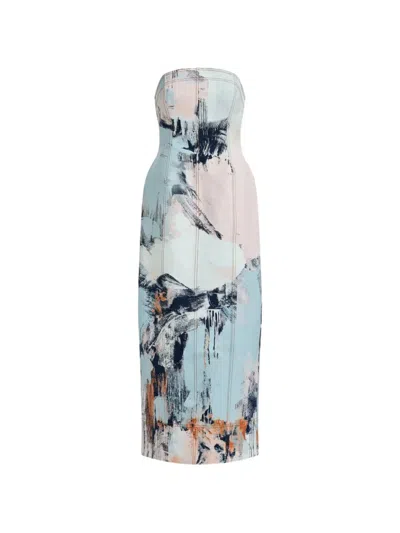 Aje Lettera Brush-stroke Denim Midi Dress In Blue