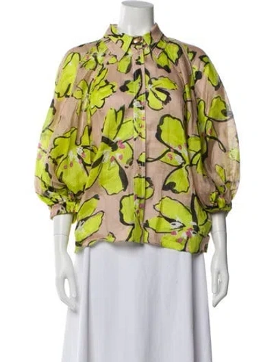 Pre-owned Aje Linen Floral Print Blouse In Green