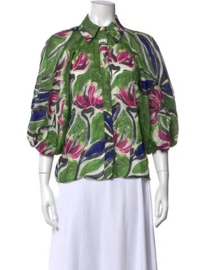 Pre-owned Aje Linen Floral Print Blouse In Green