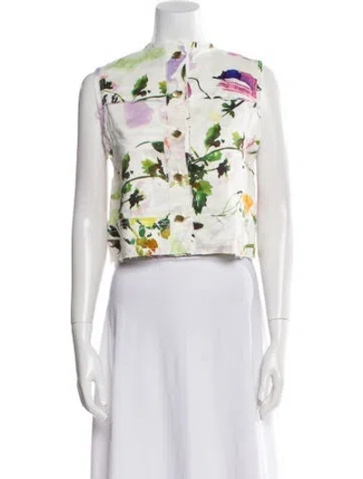 Pre-owned Aje Linen Floral Print Crop Top In White
