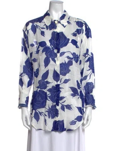 Pre-owned Aje Linen Floral Print Top In Blue