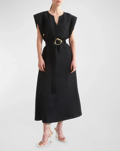 Aje Lyric Belted Linen-blend Midi Dress In Black