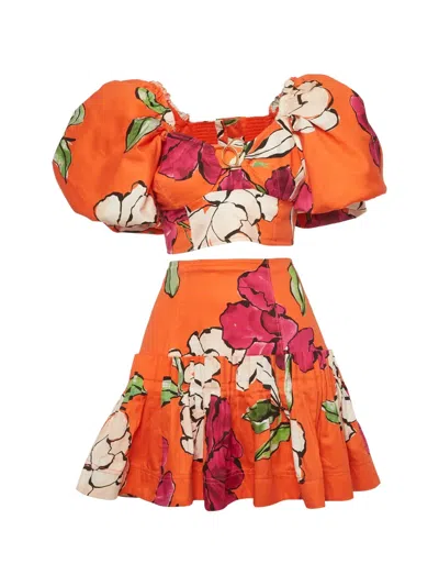 Pre-owned Aje Marcel Niki Floral-print Skirt Set In Orange