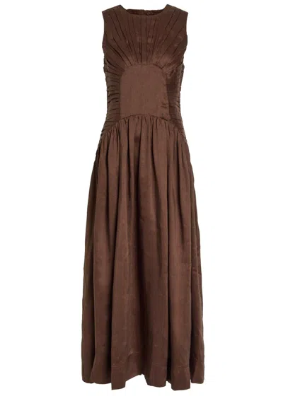 Aje Medea Pleated Linen-blend Maxi Dress In Brown