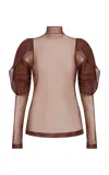 Aje Mirella Puff-sleeve Silk-organza Top In Brown