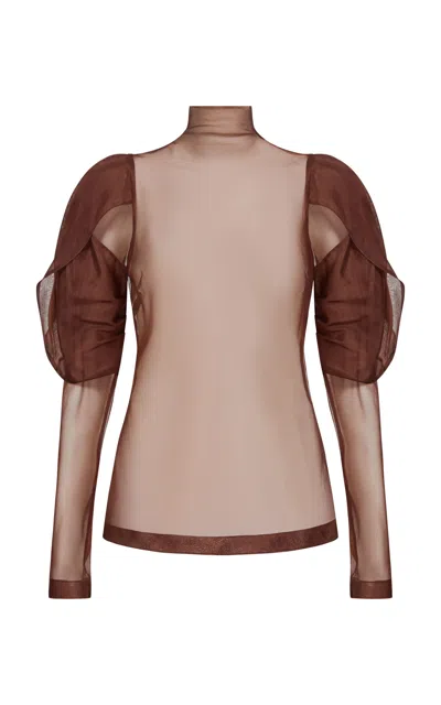 Aje Mirella Puff-sleeve Silk-organza Top In Brown