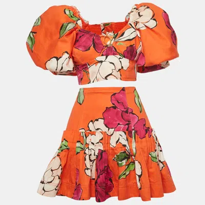 Aje Orange Camellia Print Cotton Marcel Crop Top & Niki Skirt Set
