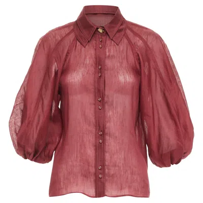 Aje Palms Burgundy Silk Linen Puff Sleeve Raglan Multi Buttons Shirt Uk6 Xs In Red