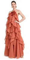 Aje Pandorea Layered Tulle Maxi Dress In Coral Clay