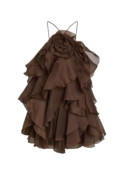 Aje Pandorea Ruffled Chiffon Mini Dress In Dark Brown