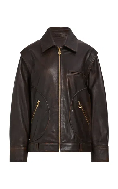 Aje Vexa Relaxed Leather Jacket In Brown