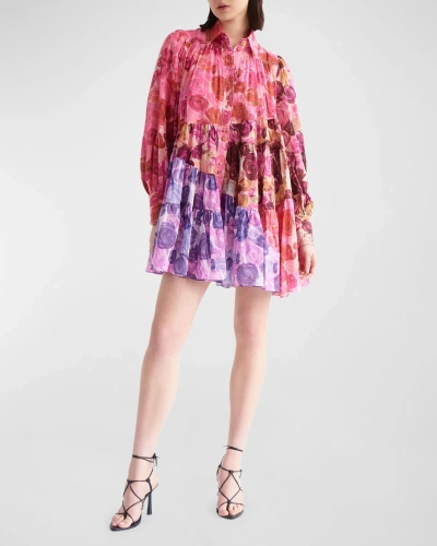Aje Vision Tiered Blouson-sleeve Mini Smock Dress In Kaleidoscopic Ros