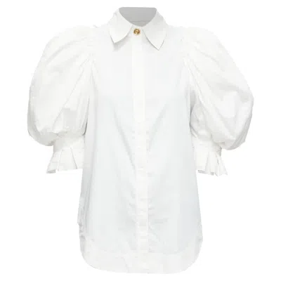 Aje White Cotton Puff Shoulder Gold Button Rounded Hem Shirt Au6 Xs
