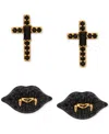 Ajoa By Nadri 18k Gold-plated 2-pc. Set Jet Crystal Cross & Vampire Lips Stud Earrings In Gold