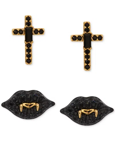 Ajoa By Nadri 18k Gold-plated 2-pc. Set Jet Crystal Cross & Vampire Lips Stud Earrings