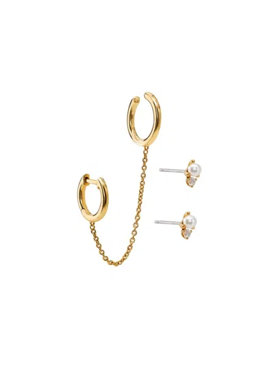 Ajoa By Nadri Women's 3-piece 18k Goldplated, 3mm Simulated Pearl & Cubic Zirconia Cuff & Stud Earring Set In Brass