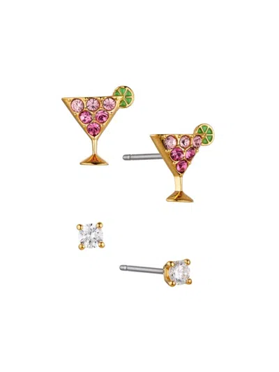 Ajoa By Nadri Women's Cosmopolitan Set Of 2 18k Goldplated & Stainless Steel Stud Earrings In Pink