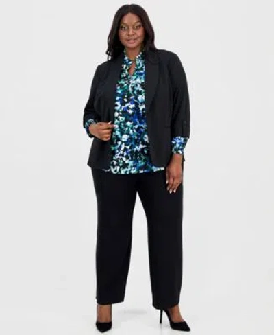 Ak Anne Klein 3 4 Sleeve Blazer Smocked Cuff Top Pull On Pants In Black