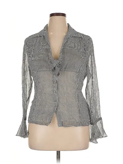Pre-owned Ak Anne Klein 3/4 Sleeve Silk Top Gray Tie Neck Tops
