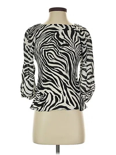 Pre-owned Ak Anne Klein 3/4 Sleeve Silk Top Ivory Animal Print Pattern High Neck Tops