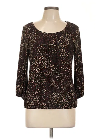 Pre-owned Ak Anne Klein 3/4 Sleeve Top Brown Floral Pattern Scoop Neck Tops