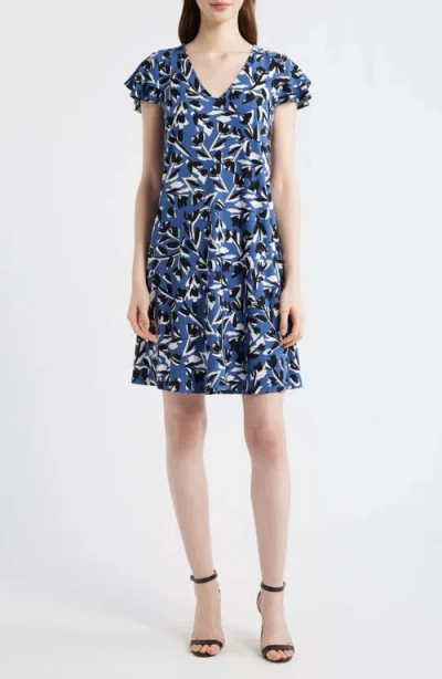 Ak Anne Klein Abstract Floral Print V-neck Swing Dress In Blue